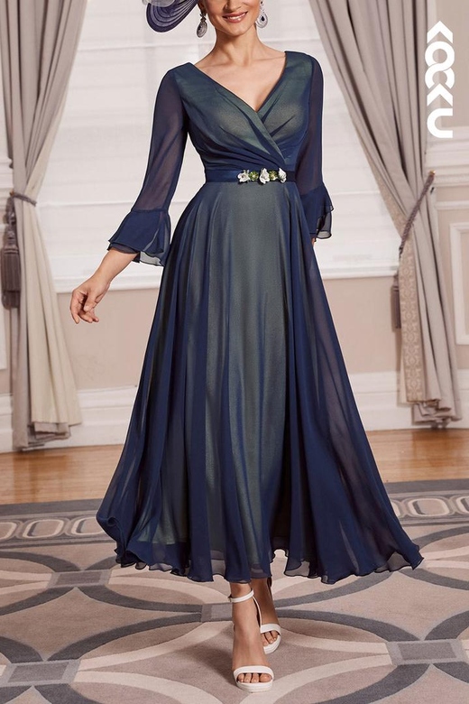 Couture Elegant V-Neck Long Sleeves Chiffon Dress