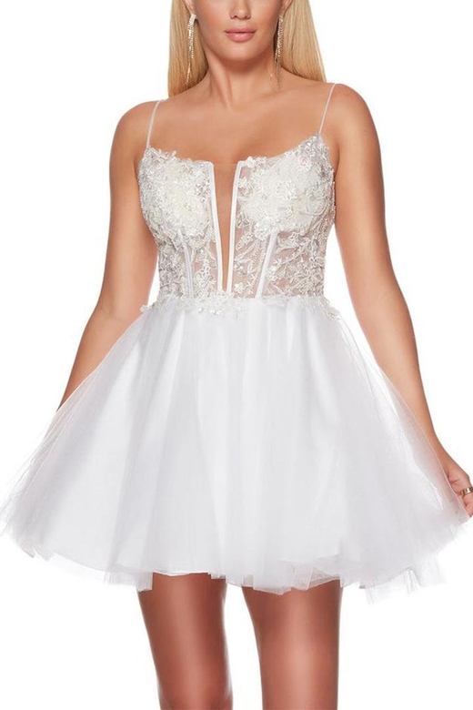 Low V-Neck Lace Appliqued Sheer Tulle A-Line Mini Homecoming Gown