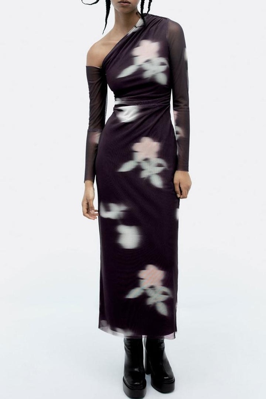 Blurry Floral Printed Purple Long Sleeve Gathered Mesh Maxi Dress