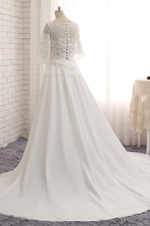 Modest Halfsleeves White Jewel Wedding Dress, Chiffon Lace & Appliques