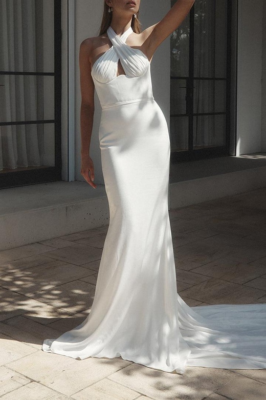 Cross Neck Halter Sleeveless Satin Sheath Wedding Gown