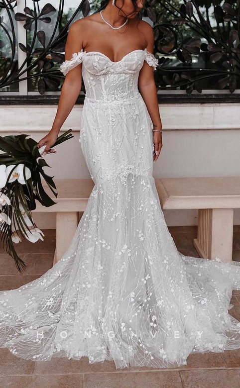 Off-Shoulder Trumpet Lace Applique Train Beach Wedding Gown