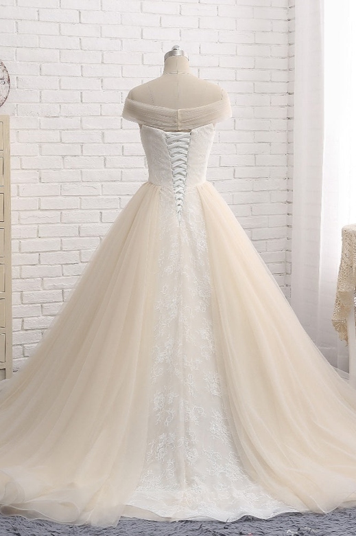 Unique Champagne Bateau Lace Wedding Dress, Tulle Ruffles & Appliques