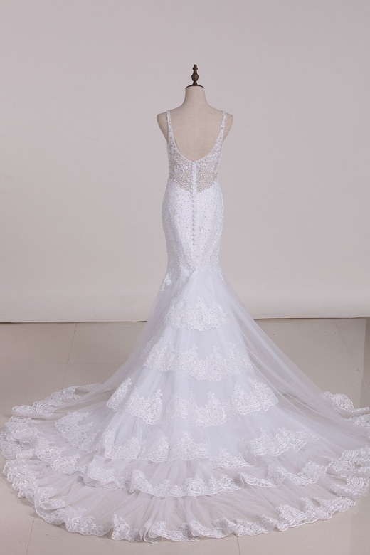 Glamorous Mermaid White Tulle Lace Wedding Dress Sale