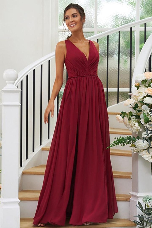 A-Line V-Neck Lace Beaded Applique Floor-Length Sleeveless Prom Gown