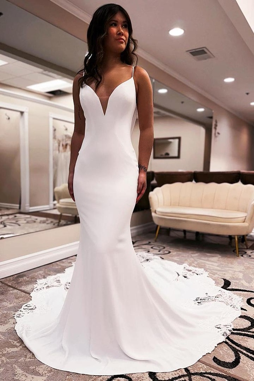 V-Neck Spaghetti Straps Backless Lace Satin Mermaid Gown