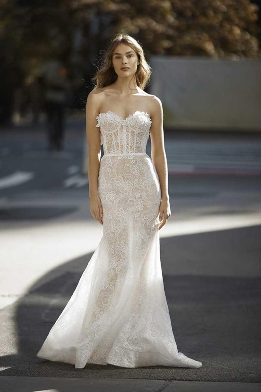 Sweetheart Strapless Lace Appliqued Sheer Mermaid Gown