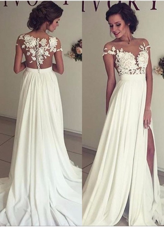 Classic Lace Applique Wedding Dress, Long Chiffon Split Design