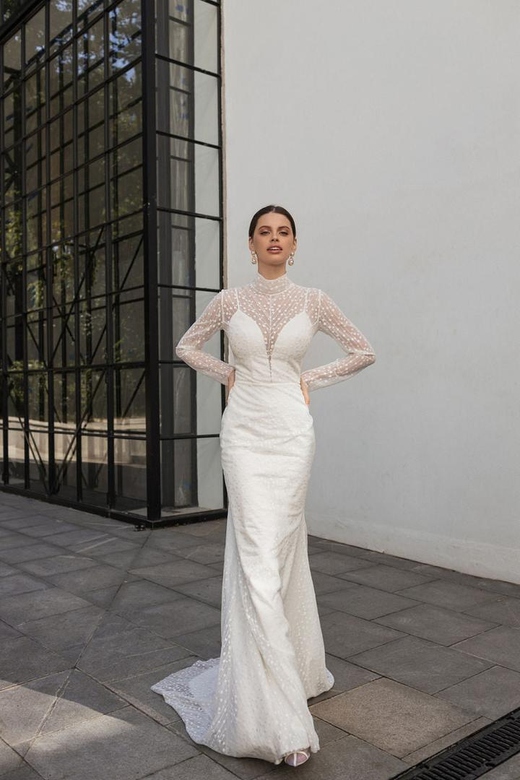 High Neck Lace Long Sleeves Mermaid Wedding Gown