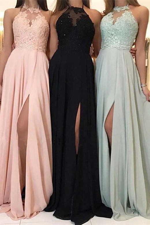 Halter Sleeveless Lace Appliqued Satin A-Line Bridesmaid Dress