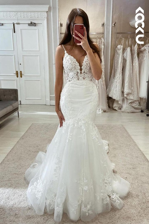 Couture Spaghetti Straps V-Neck Applique Mermaid Wedding Dress