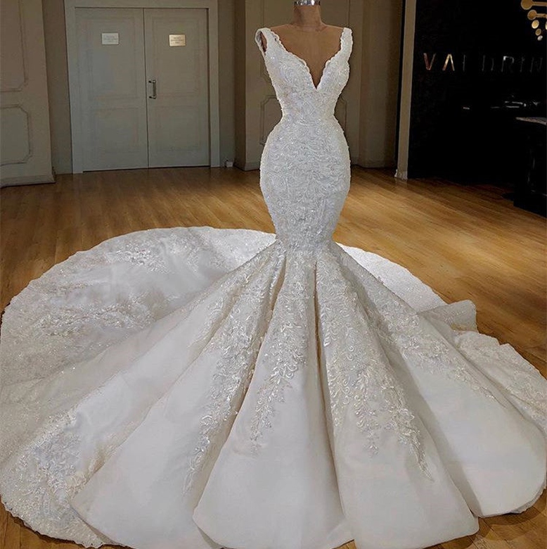 Sexy White Mermaid Ruffles Wedding Dress, Straps, Sleeveless V-Neck