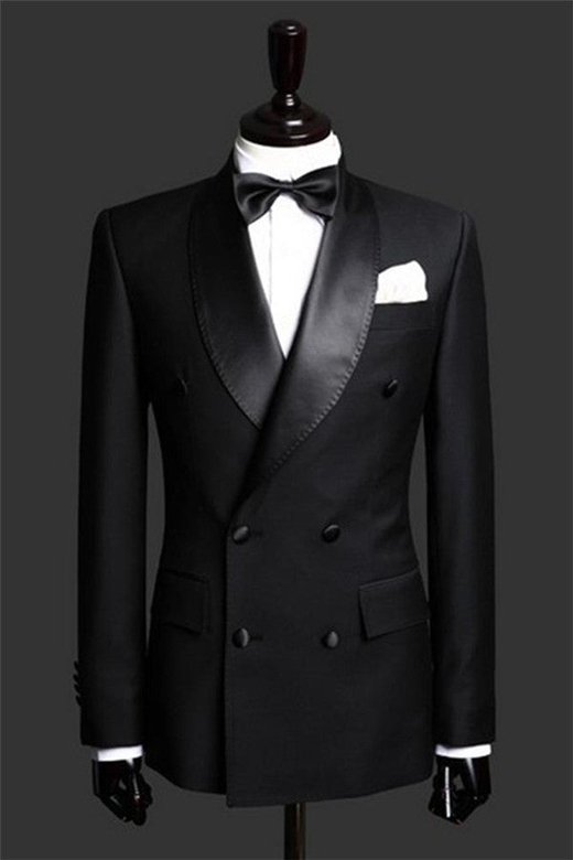 Black Double-Breast Wedding Suit Tuxedo, Satin Lapel Detail