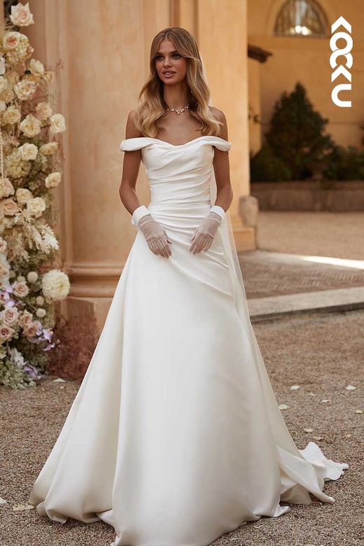 Bateau Off-Shoulder Ruched A-Line Long Wedding Gown