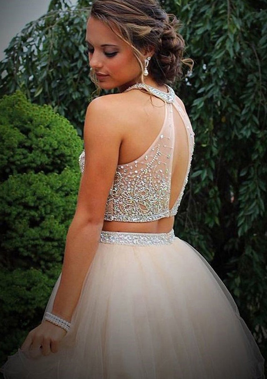 Elegant A-Line Halter Homecoming Dress with Beading and Sparkling Sequins