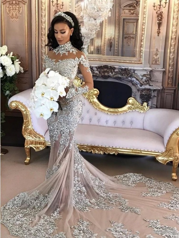 Classic High-Neck Long-Sleeved Mermaid Gown with Lace Appliques