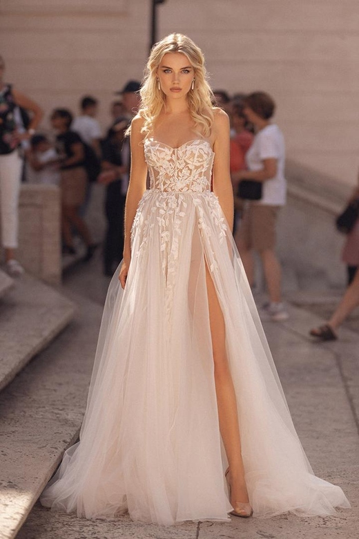 Sweetheart Strapless Appliqued Ruched Sheer Tulle Gown