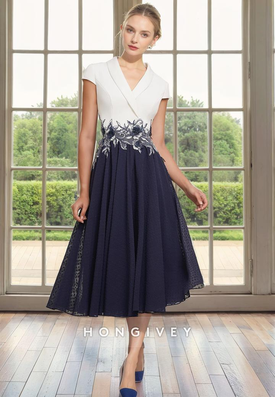 Chic V-Neck Cap Sleeves Appliques Chiffon MOB Dress