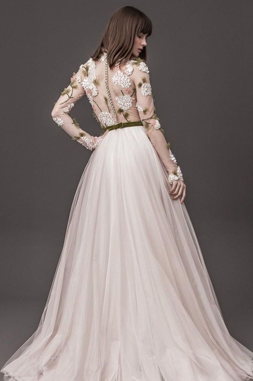 Lace Long Sleeves Floral A-line Pleated Tulle Gown