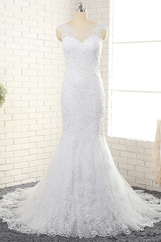 Gorgeous White Mermaid Lace Wedding Dress, Jewel Sleeveless & Appliques