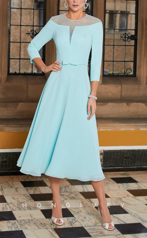 Stunning Satin A-Line Round 3/4 Sleeves Bowknot Beaded Mother's Dress