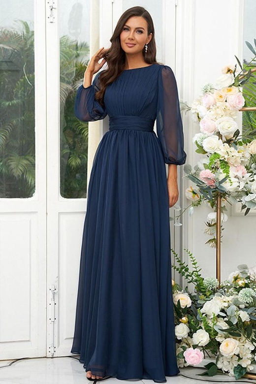 Scoop Long Sleeves Ruched Chiffon A-Line Floor-Length Bridesmaid Gown