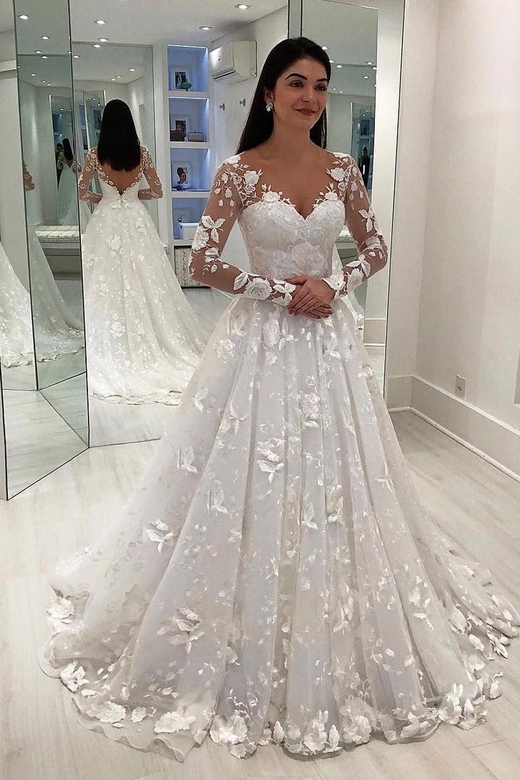 A-Line V-Neck Long Sleeve Floor Length Chapel Tulle Crochet Flower Bridal Dress