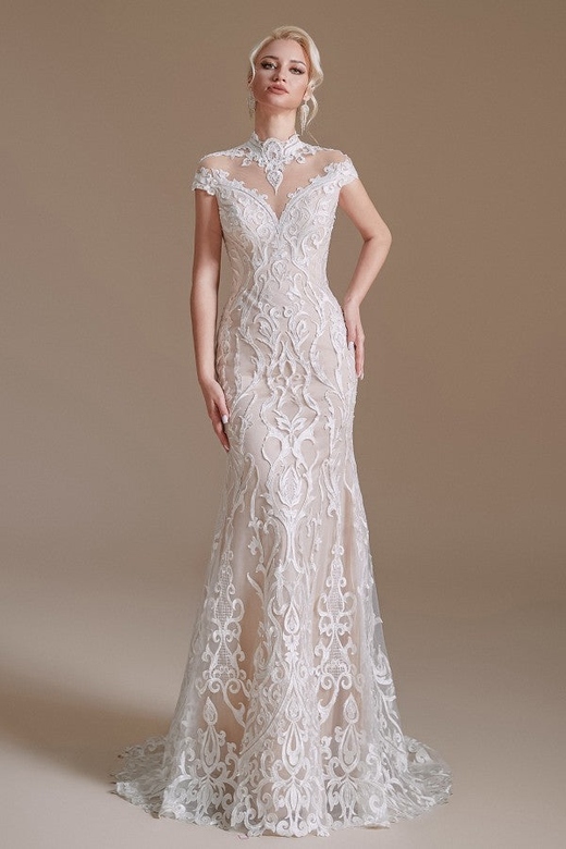 Mermaid High Neck Cap Sleeves Lace Wedding Dress