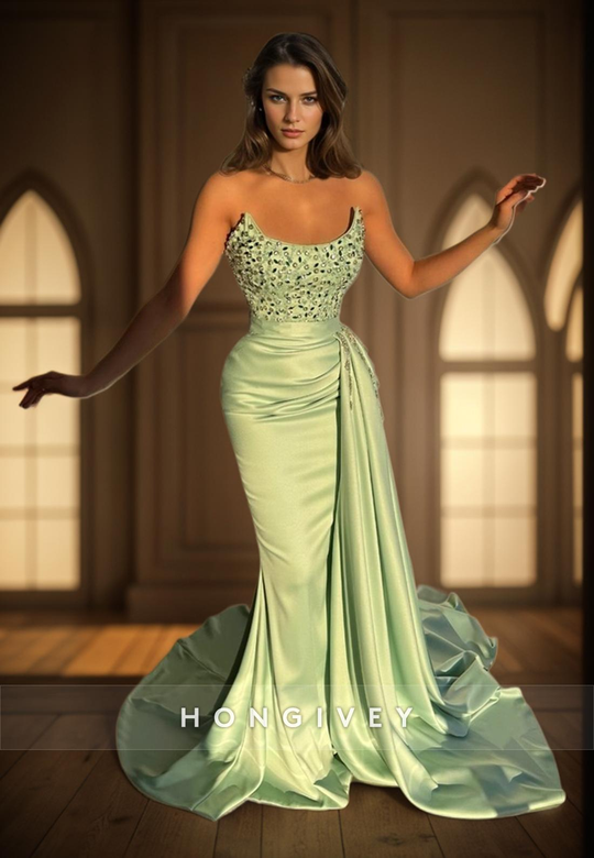 Trumpet Bateau Strapless Beaded Train Prom Evening Dress