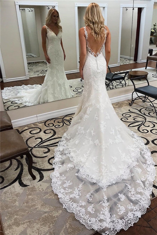 Open Back Sleeveless Mermaid Lace Wedding Dress