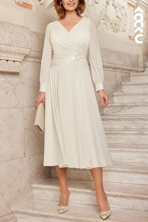 Gorgeous & Charming Long Sleeves V-Neck Slit Mother of the Bride Dress