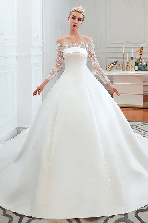 Romantic Princess Satin Wedding Dress with Long Sleeves and Lace Detail