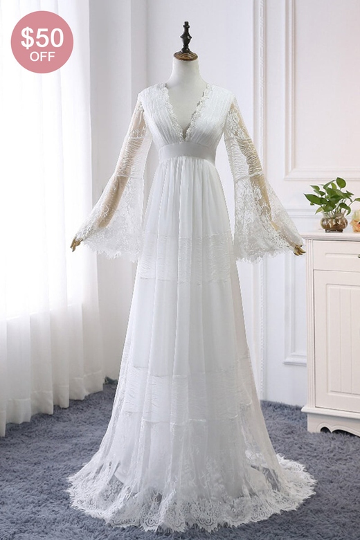 Chic Empire Lace Tulle Wedding Dress with Long Sleeves and V-Neck Appliques