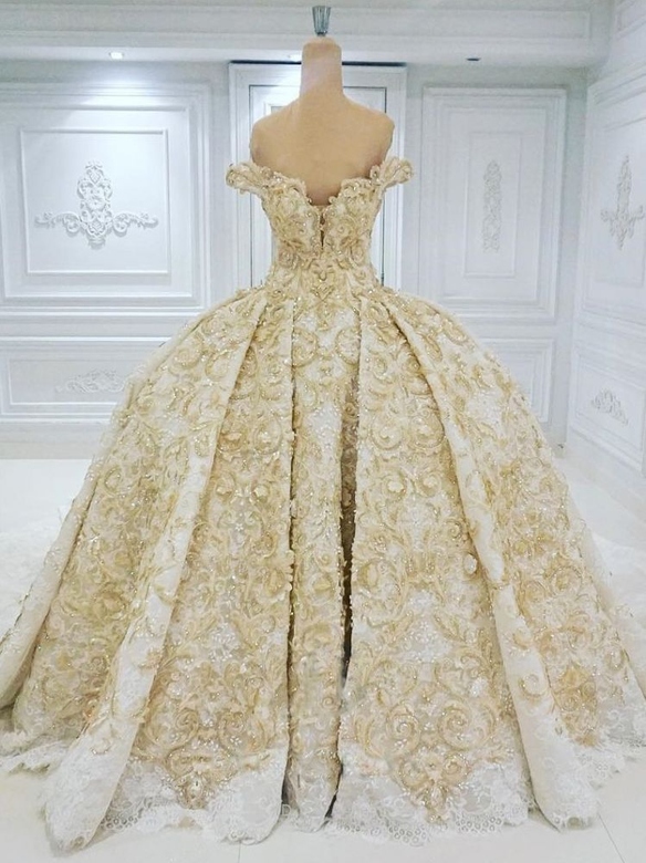 Off-Shoulder Golden Lace Appliques, Formal Ball Gown Dress