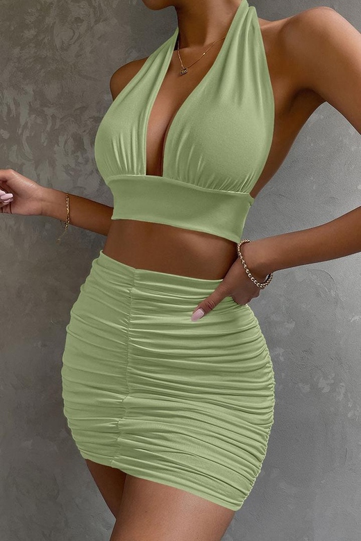 Sexy Green Halter Crop Top Ruched High Waist Two-Piece Club Mini Dress