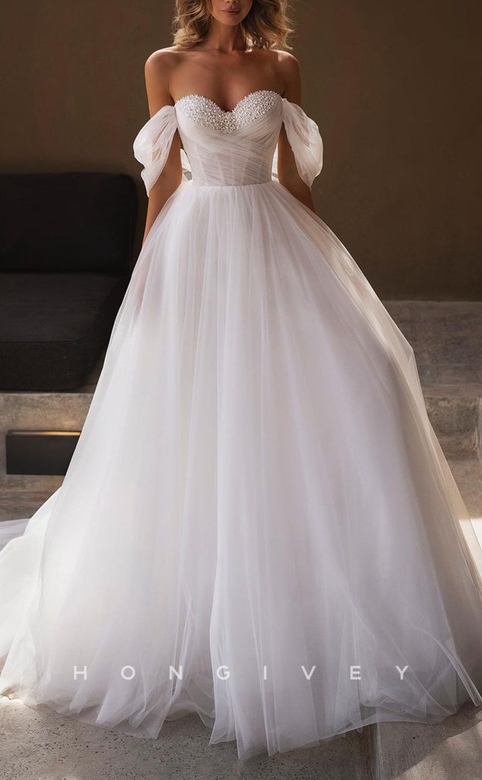 Sexy Tulle A-Line Off-Shoulder Dress with Illusion and Beaded Train