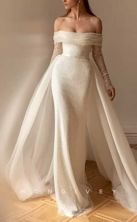 Fully Sequined Beaded Long Sleeves Wedding Dress with Train Overlay