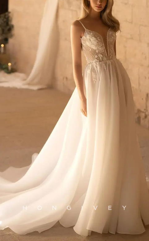 Sheer Floral Embossed Wedding Dress with Plunging & Long Train