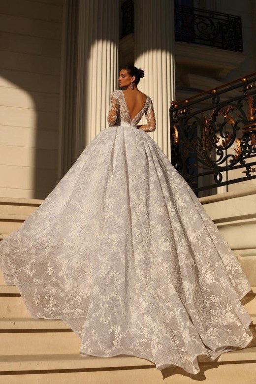 Long Sleeves Ball Gown Lace V-Neck Wedding Dress