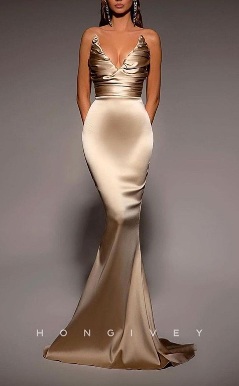 Sexy Satin Trumpet V-Neck Sleeveless Empire Ruched Gown