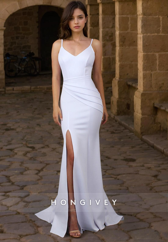 Satin Trumpet V-Neck Spaghetti Straps Wedding Gown