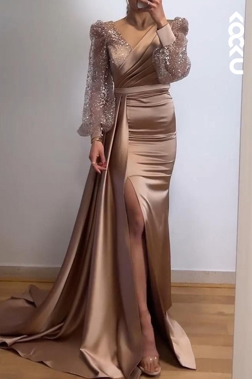 Classic Slit Long Sleeves V-Neck Prom Dress