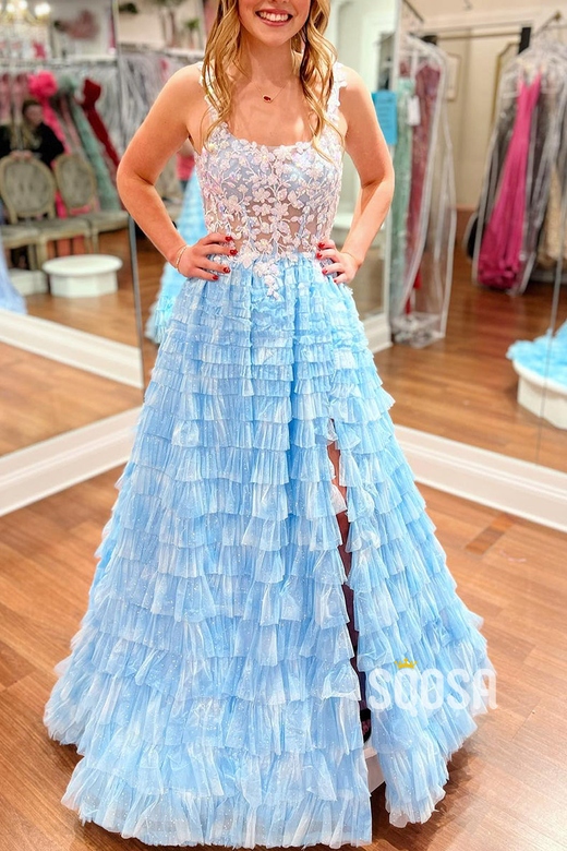 Bateau A-Line Illusion Appliques Tiered Tulle Prom Dress with Slit