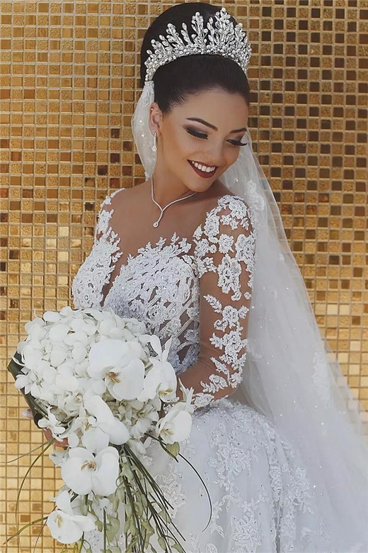 Luxurious Beaded Lace Mermaid Wedding Dress with Sleeves and Tulle Appliques