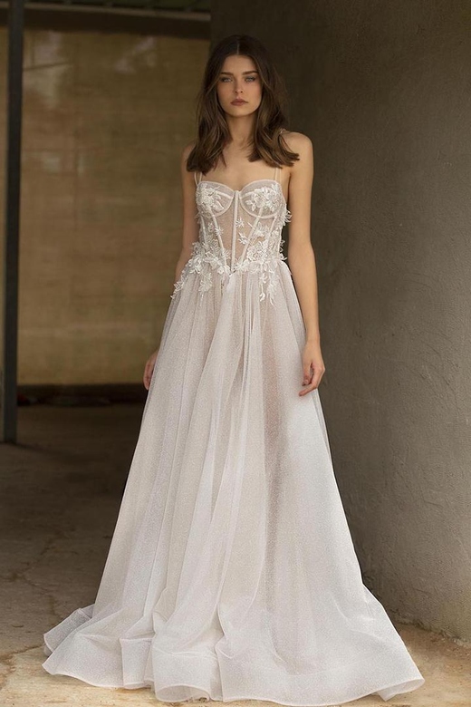 Sweetheart Spaghetti Straps Appliqued Sheer Tulle Gown