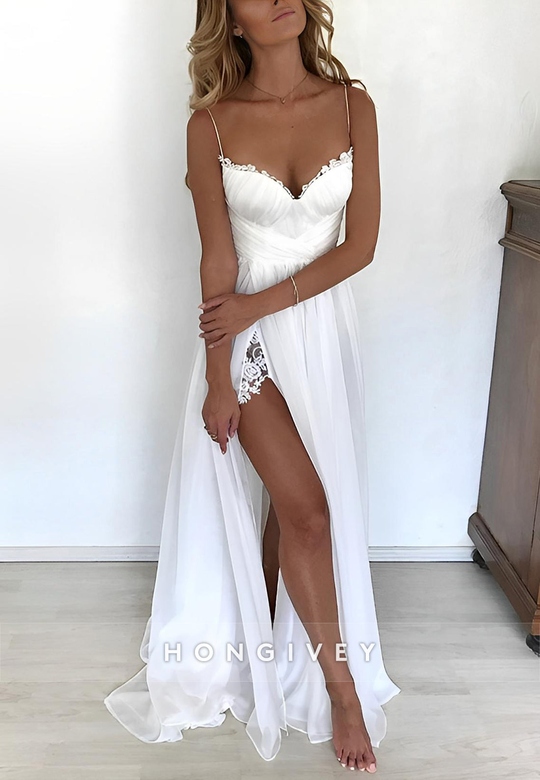 A-Line V-Neck Beach Wedding Dress with Side Slit