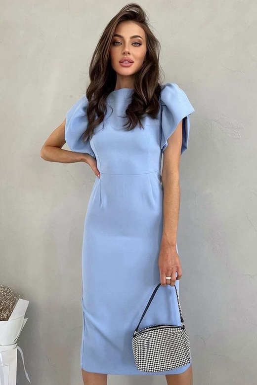 French Blue Crew Neck Puff Sleeve Split Bodycon Cocktail Party Midi Dress