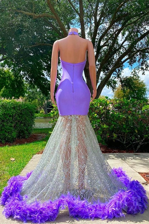 Mermaid High Neck Floor-length Open Back Appliques Lace Dress, Beaded with Feather