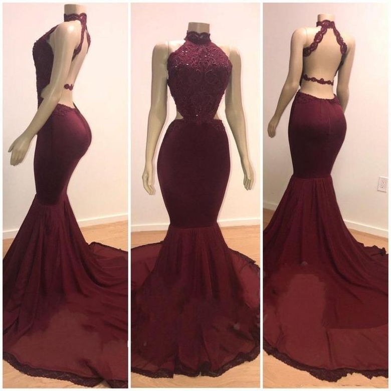 Lace Top High Neck Mermaid Burgundy Prom Dress, Long & Elegant