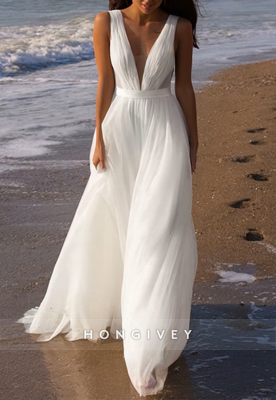 A-Line V-Neck Chiffon Dress, Sleeveless Beach Wedding Style